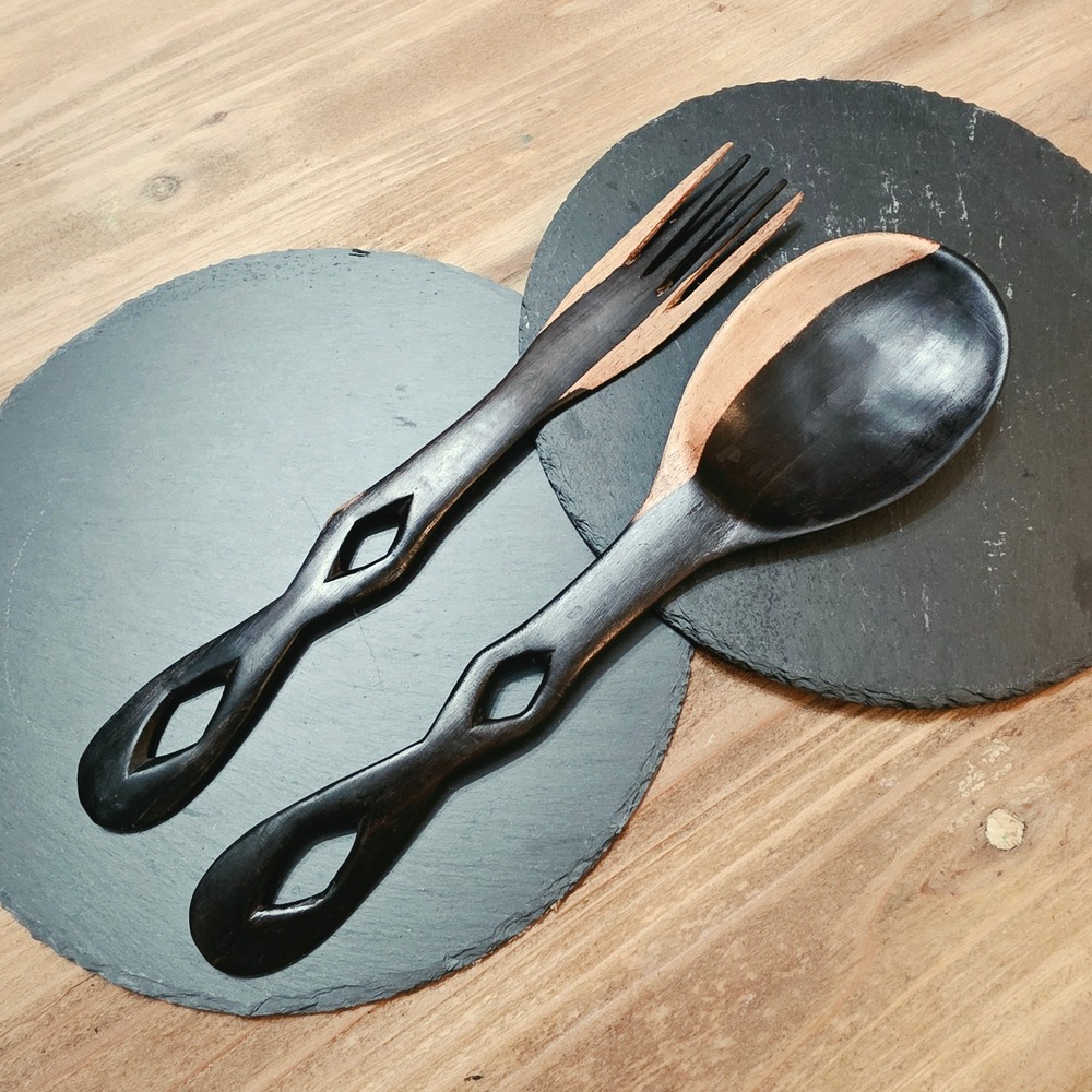 Handmade Two Tone Wooden Salad Server Set Diamond Cutout Handles 12 Inch